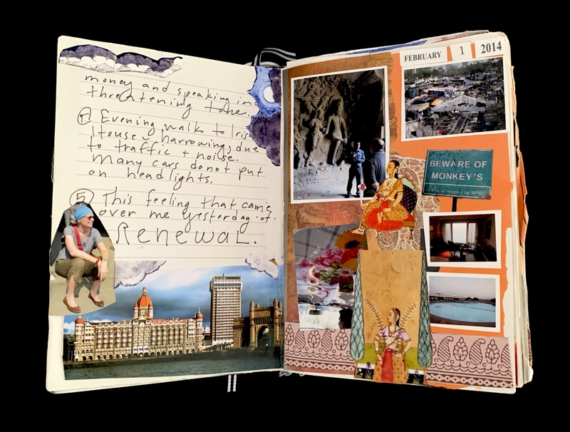 An open scrapbook with handwritten notes, photos, illustrations, and collage elements on two pages.