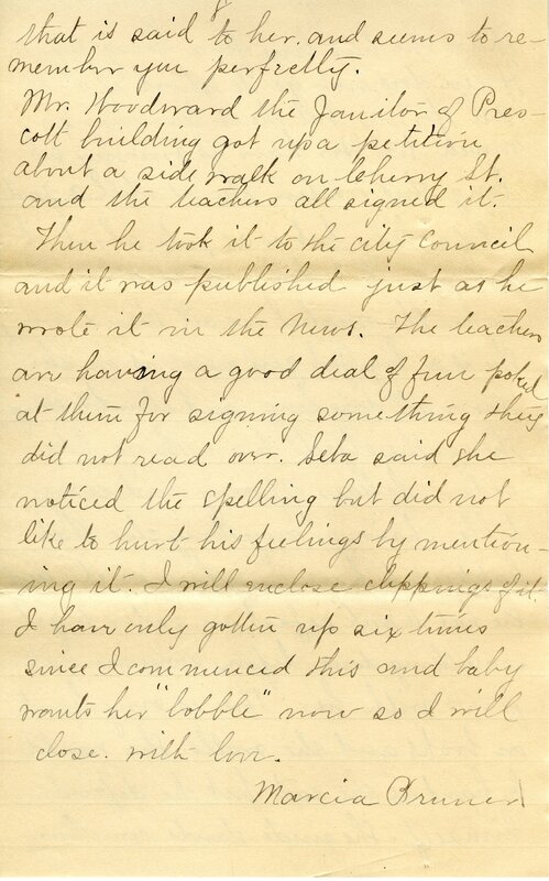Handwritten 8 page letter from Marcia Bruner to Lawrence Bruner, "This last week has been full of events…"