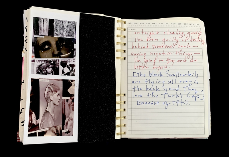 A journal page with handwritten notes and a collage of black-and-white photographs.