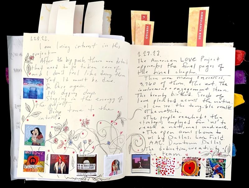 An open journal displaying handwritten text with floral decorations and several small artworks on two pages.