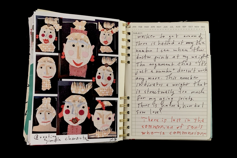 A journal page featuring a collage of stylized faces and handwritten reflections on weight and aging.