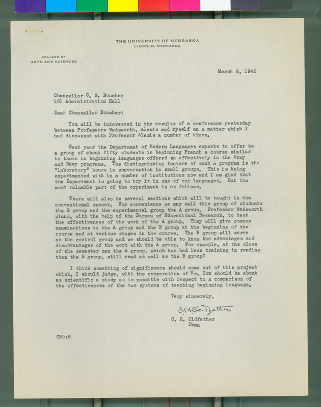 In this letter Dean Oldfather describes an experiment the English department is conducting to see how undergraduates can become more learned in the subject.