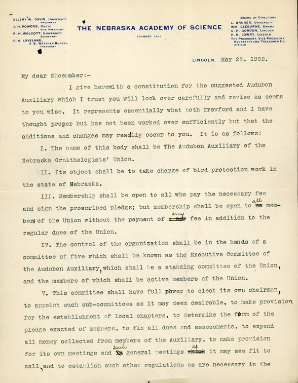 Typewritten letter, 3 pages, from Robert H. Wolcott to Frank H. Shoemaker, "I give herewith a constitution for the suggested Audubon Auxiliary which I trust you will look over carefully and revise as seems to you wise."