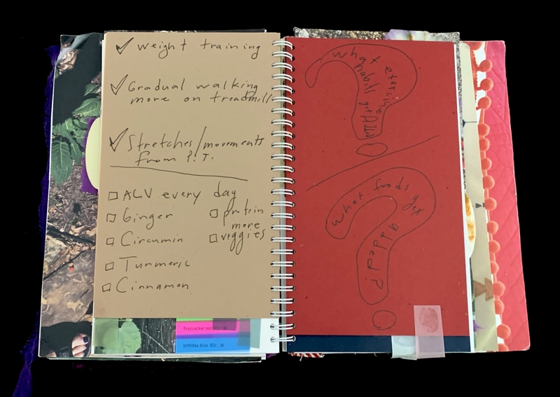 Open spiral notebook with notes on light brown and red pages.