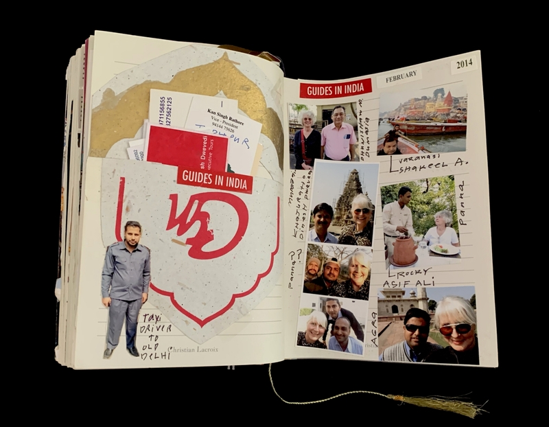 A travel scrapbook page featuring photos and text related to guides in India, dated February 2014.