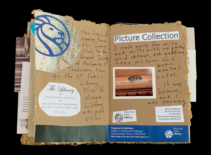 An open scrapbook showing collages, handwritten notes, a photograph of the number "877," and various library-related elements.