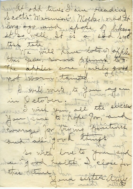 Handwritten 10 page letter from Amy Bruner to Lawrence Bruner, "You see by the heading that I am at Wisner…"