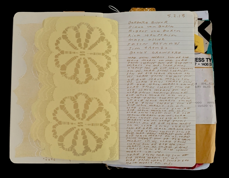 Open notebook with decorative yellow lace paper on the left and handwritten notes on the right page.