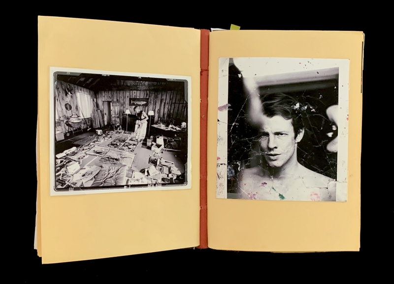A photograph album page featuring a cluttered room and a close-up of a person.