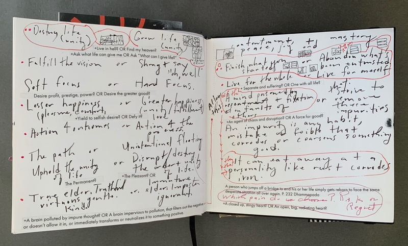 A detailed hand-drawn journal page with various notes, doodles, and highlighted text.