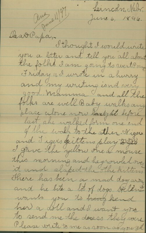 Handwritten 2 page letter from Psyche Bruner to Lawrence Bruner, "I thought I would write you a letter…"