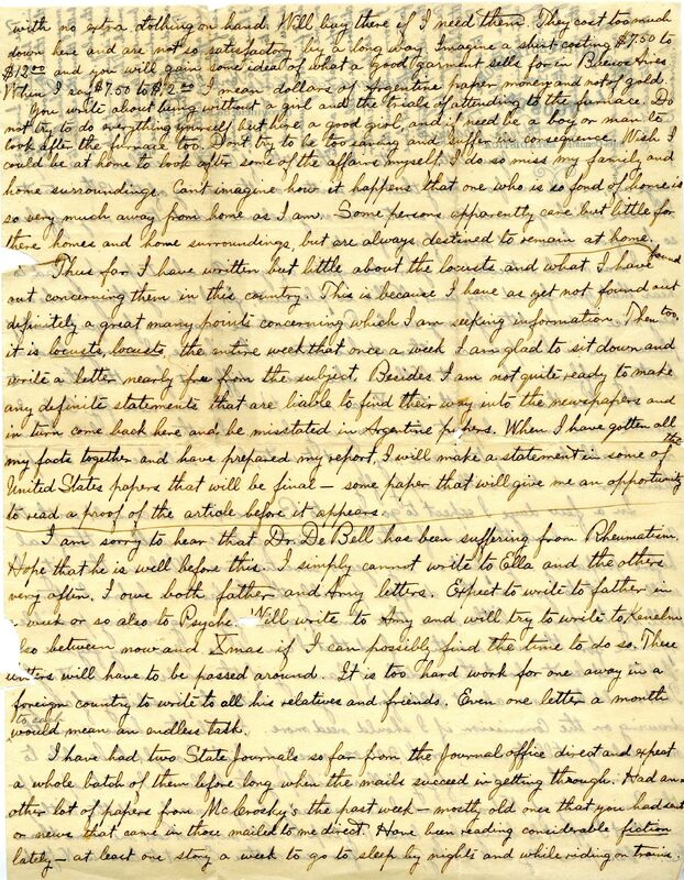 Handwritten 2 page letter from Lawrence Bruner to Marcia Bruner, "Your letter written on the 17th of October reached me a couple days ago..."