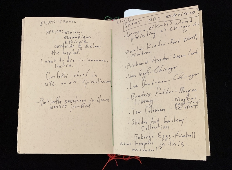 Open notebook with handwritten entries on travel and art experiences.