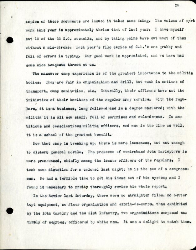 Frank H. Shoemaker typescript, 28 pages, titled "At Fort Riley, Kansas" on activities at Fort Riley between Oct. 12-29, 1903.