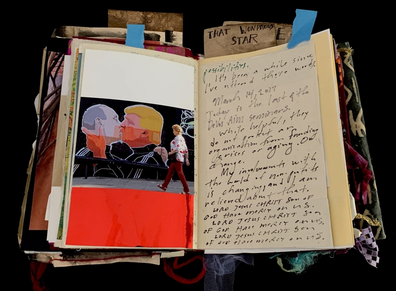 A collage-style page featuring a photograph, handwritten notes, and a piece of artwork.