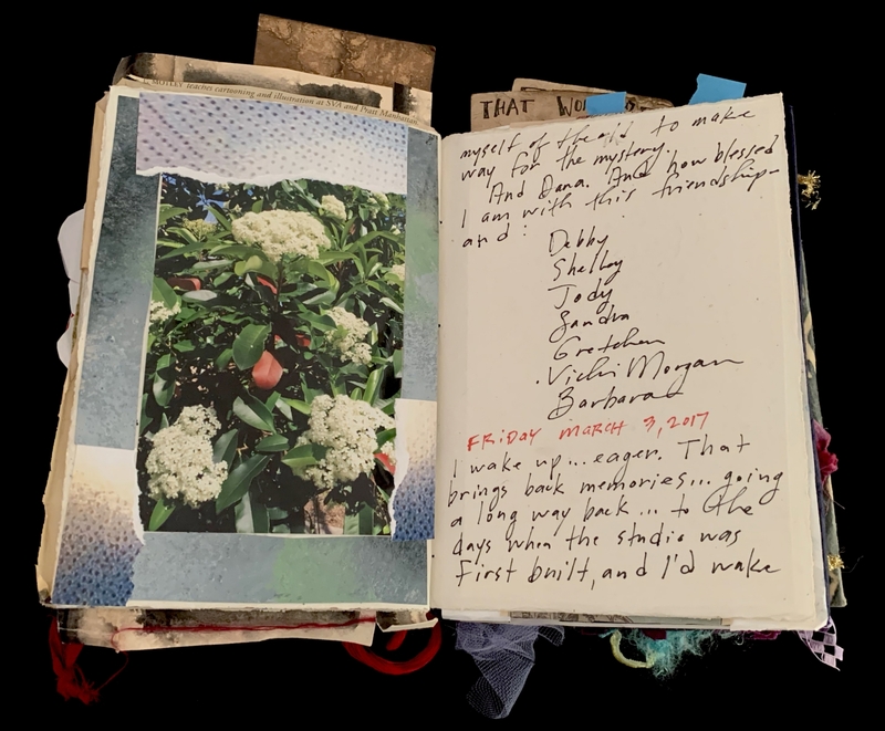 A scrapbook page featuring a photograph of white flowers, handwritten notes, and a list of names.