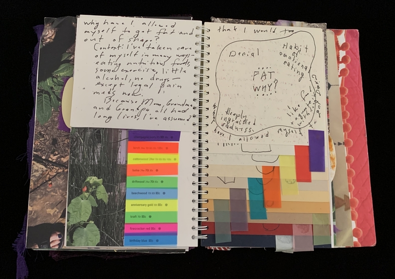 A journal page with handwritten text, a color chart, and various doodles and cutouts.