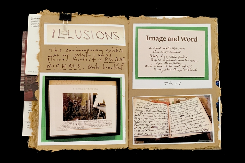Two notebook pages with text and photographs, titled "ILLUSIONS" and "Image and Word."