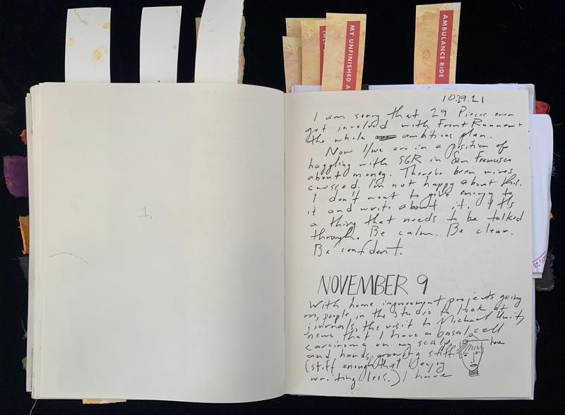 Open journal with handwritten text on the right page and a small sketch.