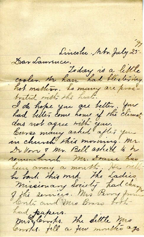 Handwritten 4 page letter from Marcia Bruner to Lawrence Bruner, "Today is a little cooler…"