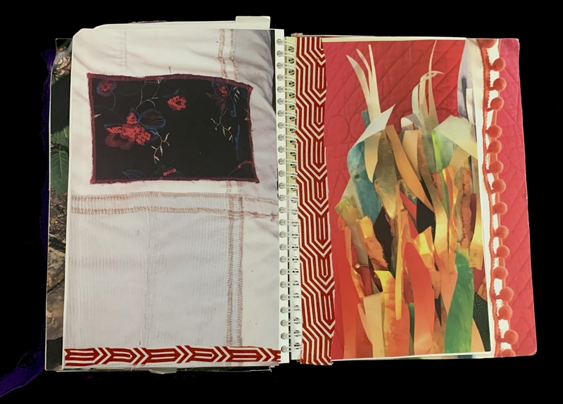 A mixed-media page featuring fabric samples, a geometric pattern, and a vibrant floral collage.