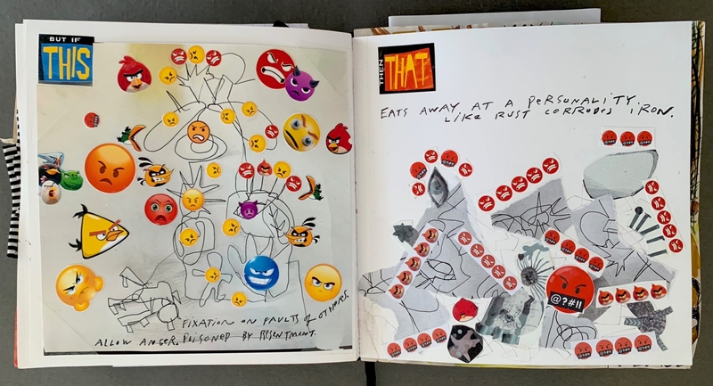 A hand-drawn page featuring Angry Birds characters and abstract shapes with text discussing personality erosion.