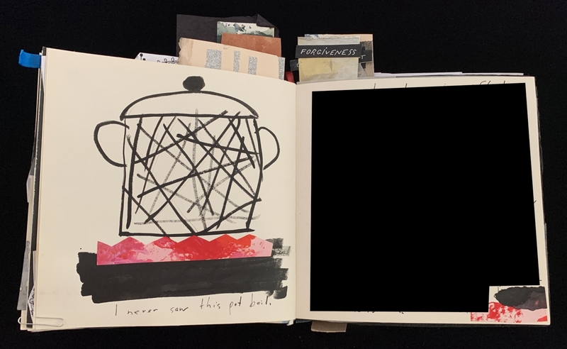 Open sketchbook with a drawing of a pot on the left page and the word "FORGIVENESS" on a tab above.