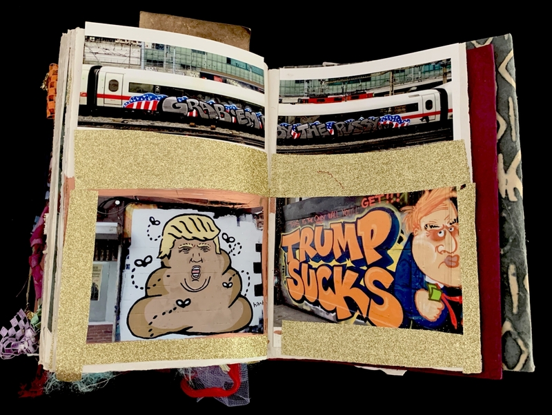 A collage page featuring political graffiti and a train with patriotic decorations.