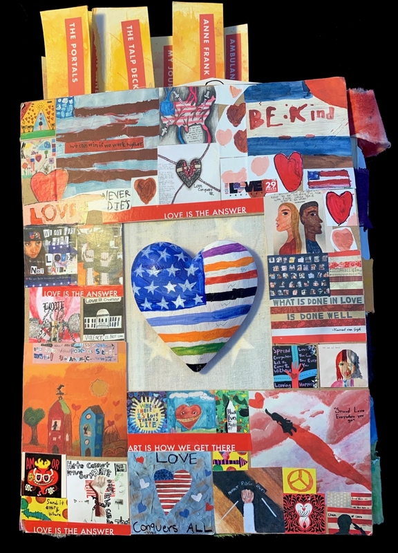 Collage featuring a heart with an American flag design surrounded by diverse artworks and love-themed messages.