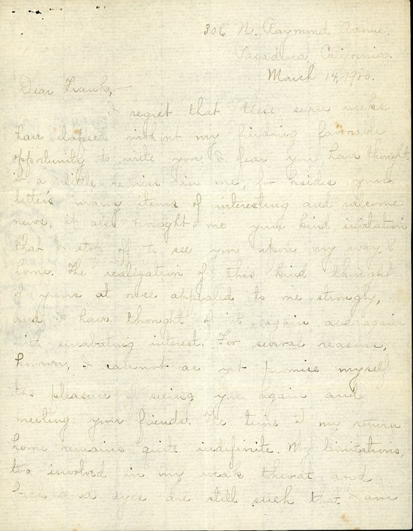 Handwritten letter, 6 pages, from Paul F.C. to Frank H. Shoemaker, "I regret that these seven weeks have elapsed with not my finding favorable opportunity to write you I fear you have thought it a little..."