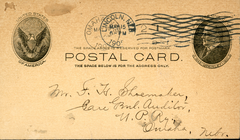 Handwritten postcard from Robert H. Wolcott to Frank H. Shoemaker, "Found certain articles under my table this morning, which, during my acquaintance with the methods employed by Sherlock Holmes..."