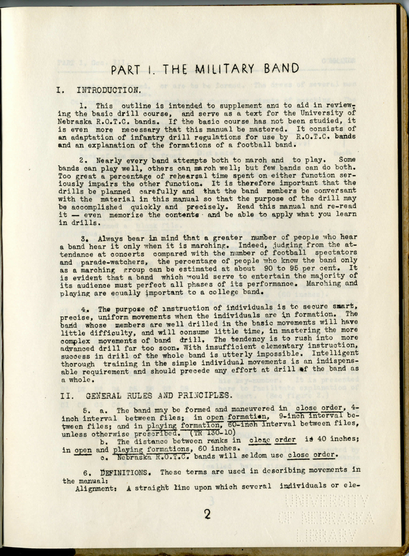 A page from Charles Ledwith's R.O.T.C. Band Manual for the freshman band at the University of Nebraska.  This page includes an introduction to Part I of the manual, "The Military Band."