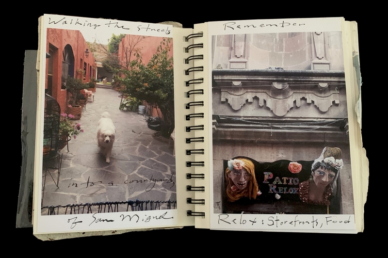 A travel journal page featuring a courtyard scene and a storefront with a sign.