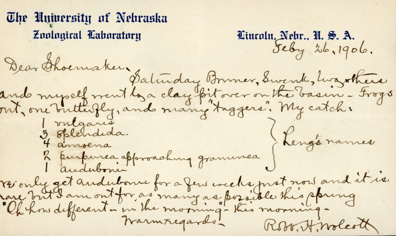Handwritten letter, 1 page, from Robert H. Wolcott to Frank H. Shoemaker, "Saturday Bruner, Swenk, two others and myself went by a clay pit over on the basin- Frogs out, one butterfly, and many 'taggers'."