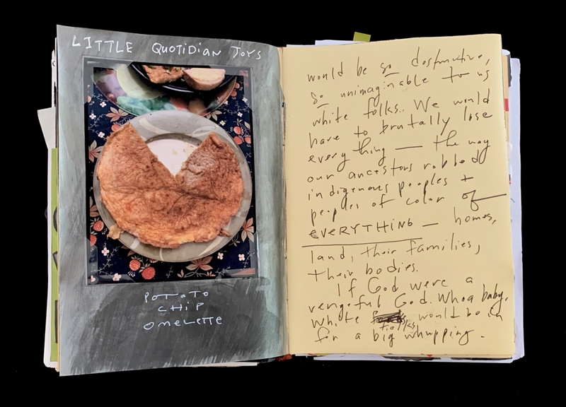 A handwritten page from a journal featuring a photograph of a potato chip omelette and accompanying text discussing the destruction of white people.