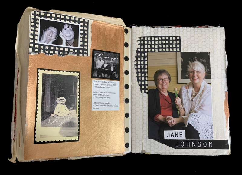 An open scrapbook with vintage and recent photos, labeled with personal captions and names.