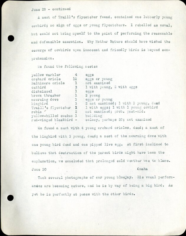 Frank H. Shoemaker typescript, 46 pages, detailing bird sightings, field trips, photography, and associated activities in Omaha, Nebraska.