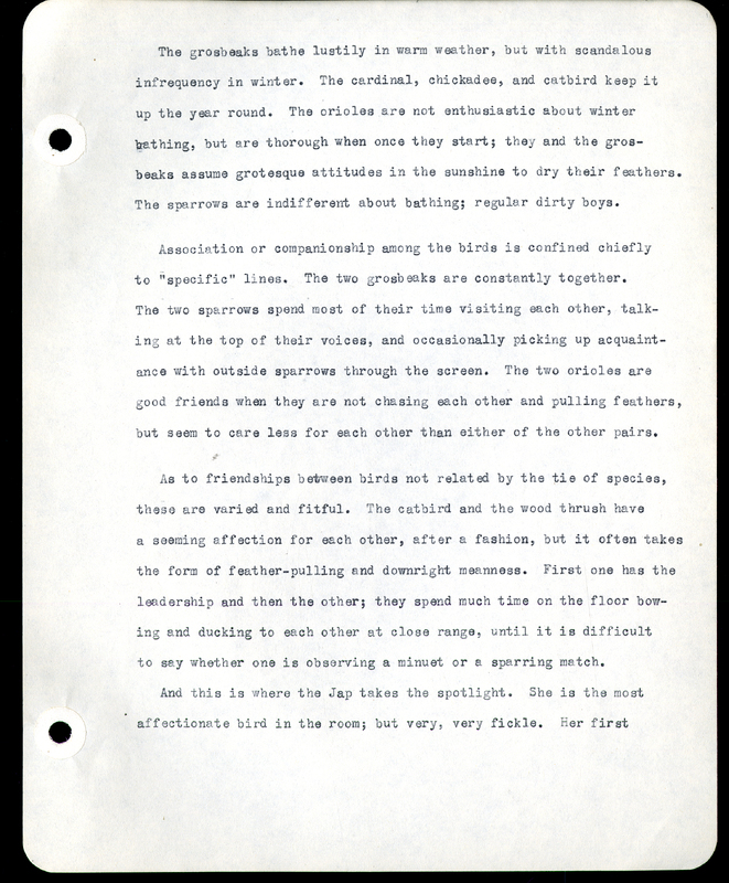 Frank H. Shoemaker typescript narrative, 29 pages,  on the bird room in Omaha home, with details on bird and insects.
