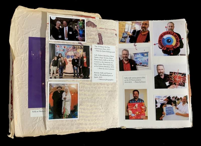 A collage of event photos and captions on a scrapbook page, including group shots and a man displaying art pieces.