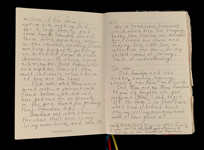 Open journal with handwritten notes discussing family roles and personal reflections.