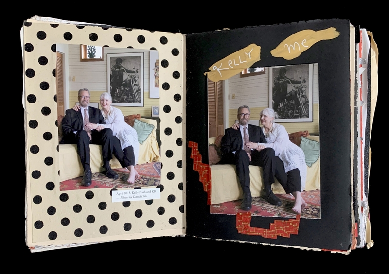 A scrapbook page with two photos of an elderly couple seated on a yellow couch.