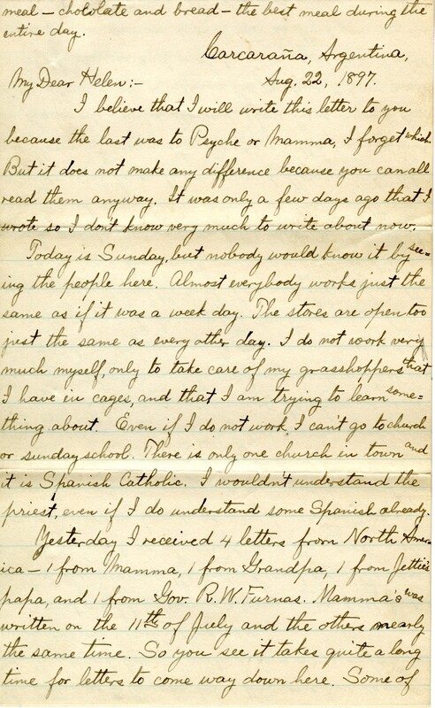 Handwritten 6 page letter from Lawrence Bruner to Helen, "I believe that I will write this letter to you because the last wasto Psyche or Mamma..."