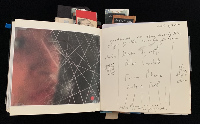 Open notebook with abstract art on the left and handwritten notes on the right.