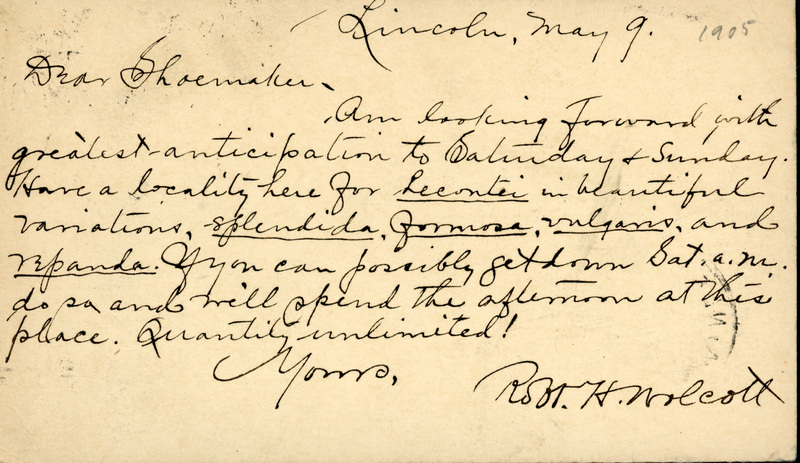 Handwritten postcard from Robert H. Wolcott to Frank H. Shoemaker, "Am looking foward with greatest anticipation to Saturday + Sunday."