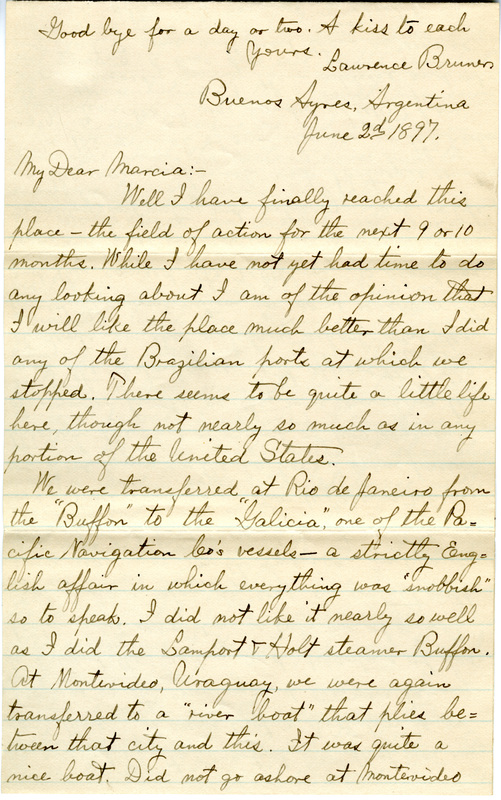Handwritten 5 page letter from Lawrence Bruner to Marcia Bruner, "Well I have finally reached this place –– the field of action for the next 9 or 10 months."