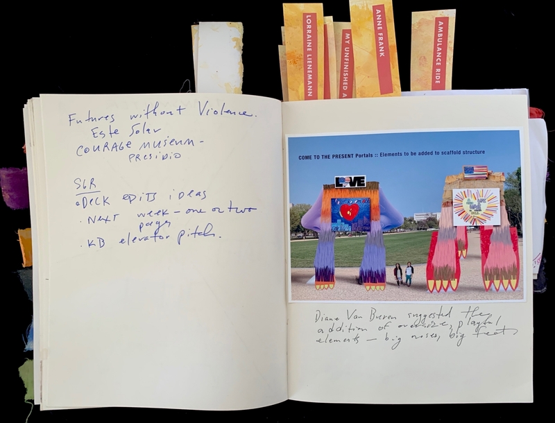 An open journal with handwritten notes on the left and artwork on the right, featuring colorful archways on a grassy field.