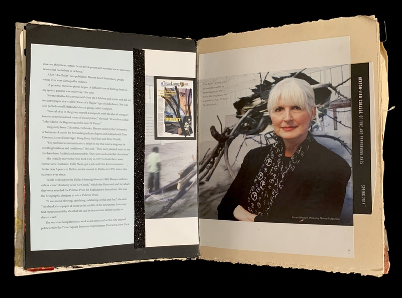 Open magazine spread with text, collage of images, and a portrait of a woman against abstract artwork.