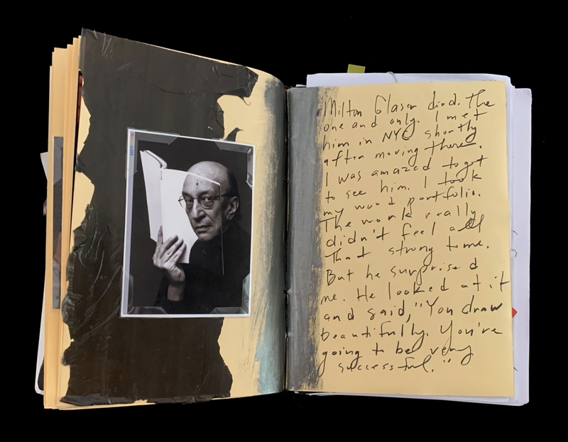 A handwritten note in a scrapbook with a photograph of Milton Glaser and a quote about his impact.