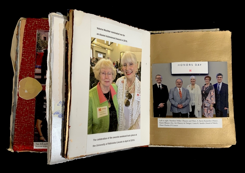 A scrapbook open to two pages featuring event photos and accompanying text.