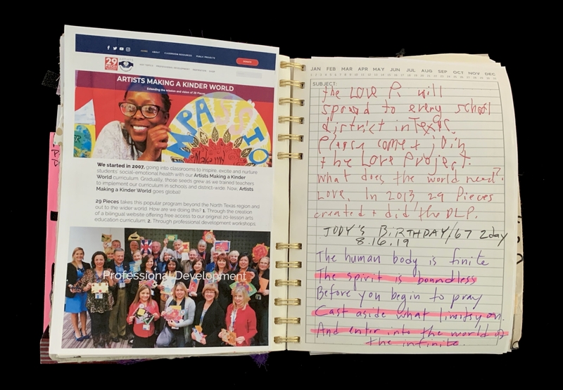 A scrapbook page featuring a webpage from "Artists Making a Kinder World" and handwritten notes discussing the "Love Project."